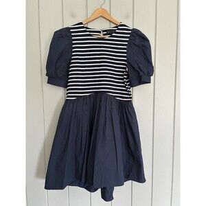 English Factory Puff Sleeve High Low Knit Dress M Medium Navy Blue White Stripe